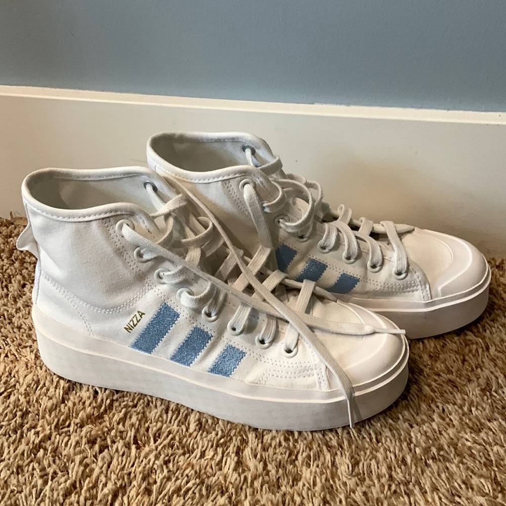 Adidas Nizza Bonega Mid Shoes Size 8.5 - Cloud White/Clear Sky/Gold Metallic